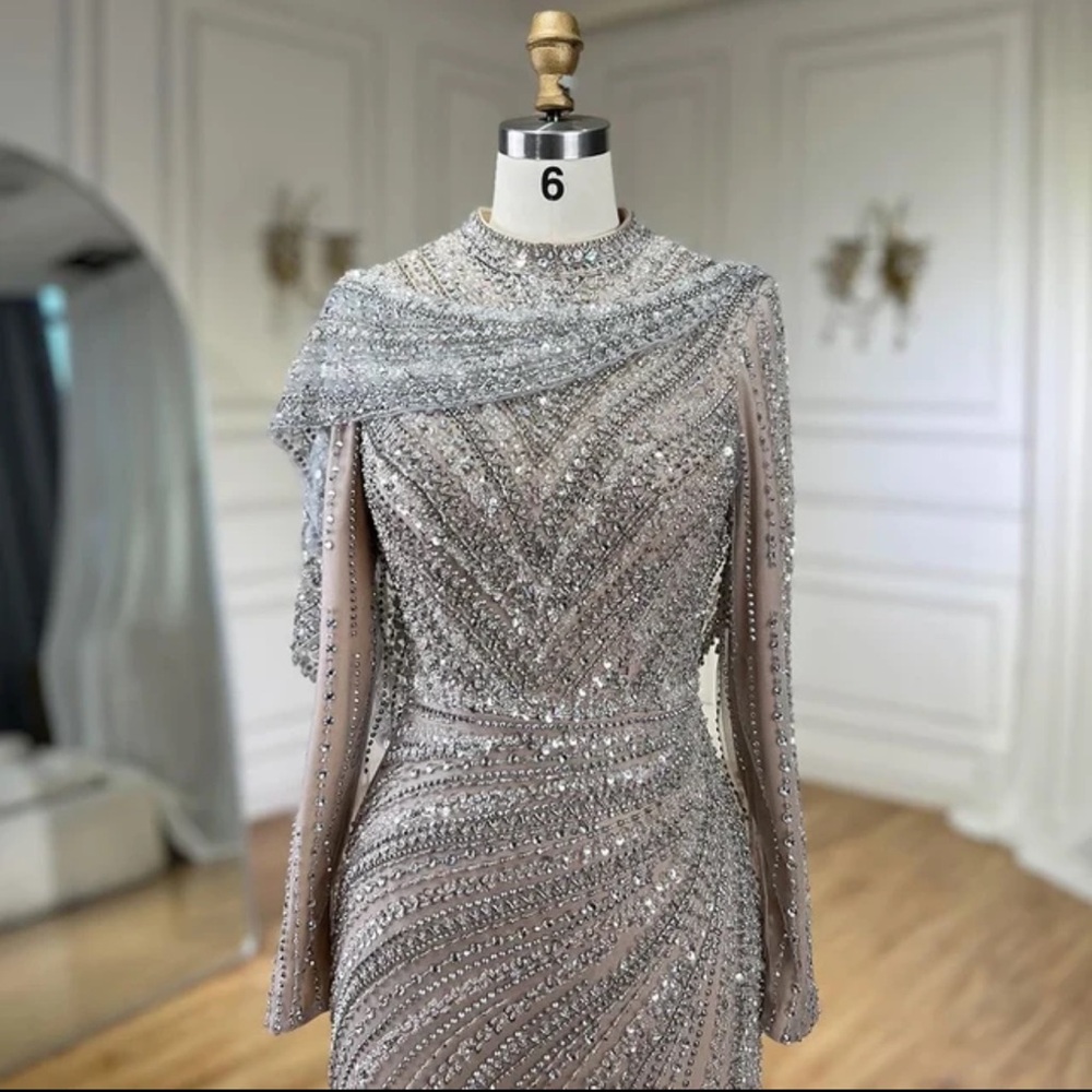 Dubai Arabia Muslim Modest Mermaid Long Cape Luxury Evening Dresses Gowns - Picture 6 of 8